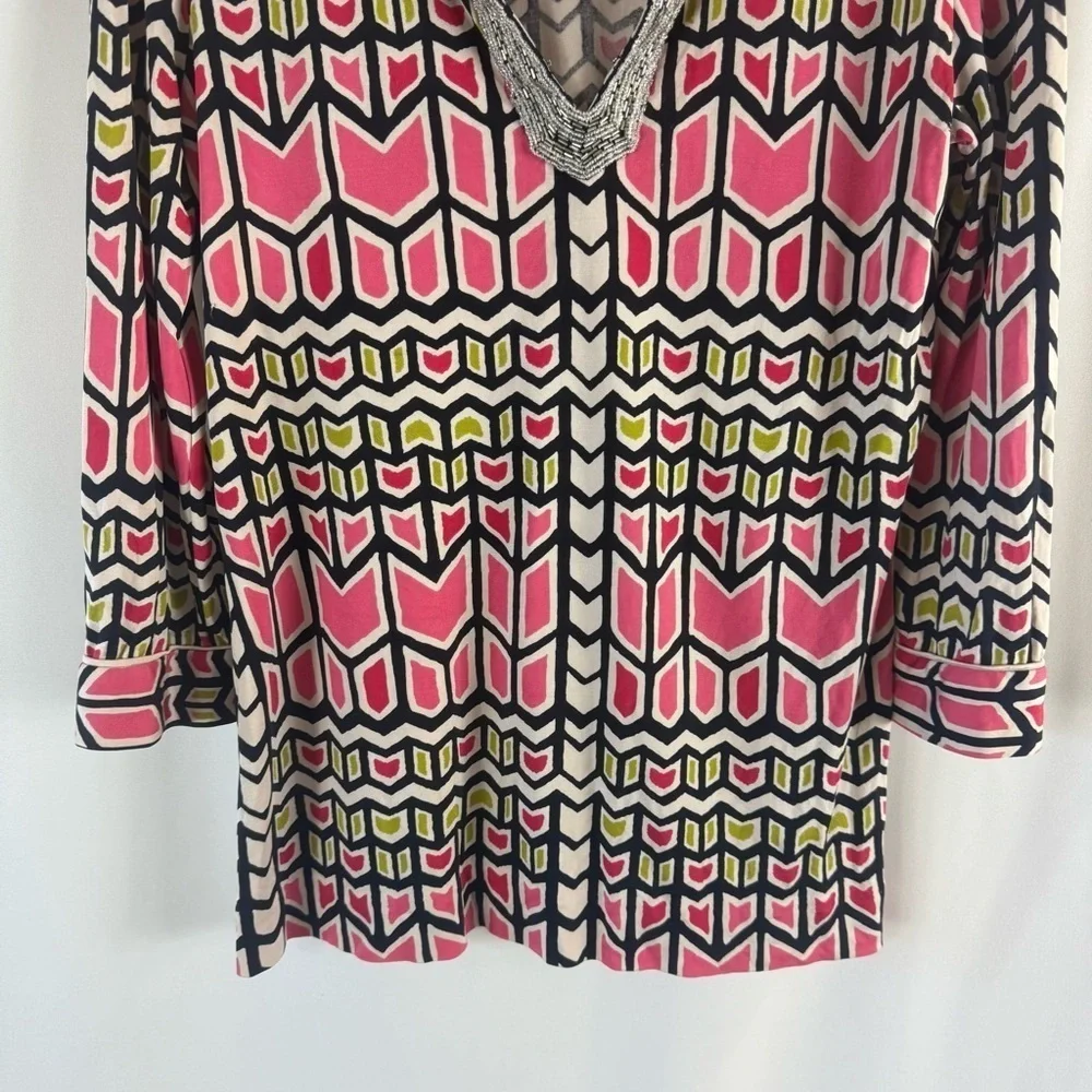 Tory Burch Women's 100% Silk Knit Tunic Top Multi Color Beaded Color Sz:M